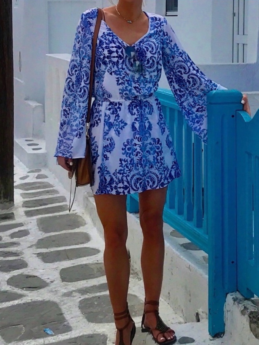 Show Me Your Mumu Blue Floral V-Neck Long Sleeve Mini Dress Small
